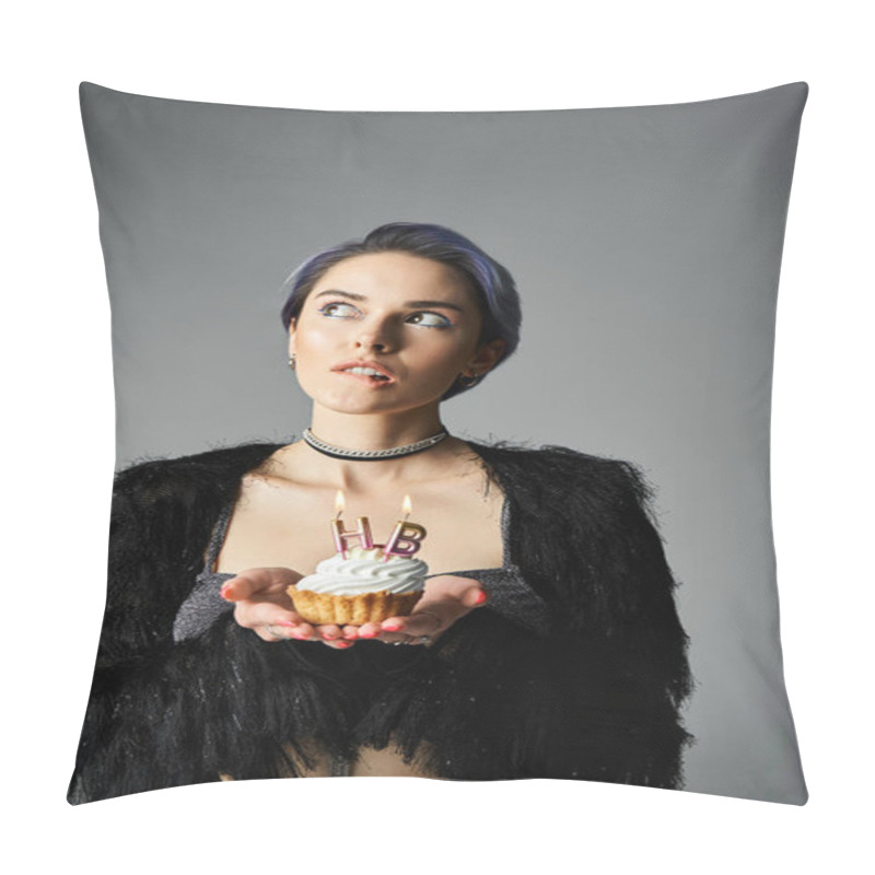 Personality  Young Woman Holding Cupcake With Lit Candle In Stylish Setting, Celebrating A Birthday. Pillow Covers