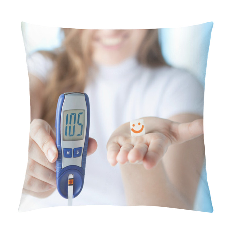 Personality  Female Diabetic Doing A Glucose Level Finger Blood Test  Pillow Covers