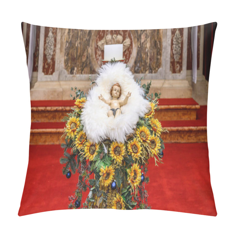 Personality  Baby Jesus Statue With Sunflower Arrangement In A Church Nativity Display. Traditional Christmas Decor And Religious Symbolism In A Sacred Setting Pillow Covers