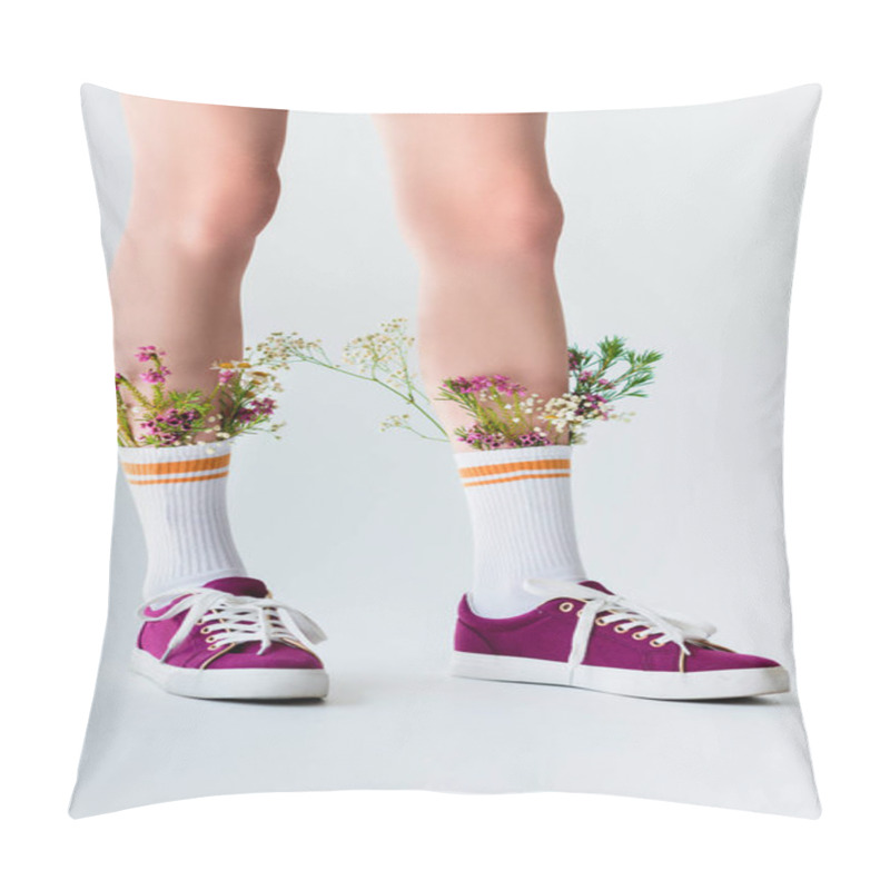 Personality  Partial View Of Female Legs With Beautiful Flowers In Socks Isolated On Grey Pillow Covers