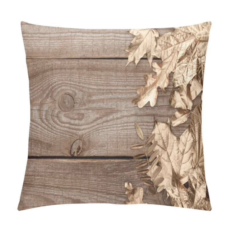 Personality  Top View Of Golden Foliage On Wooden Textured Background Pillow Covers