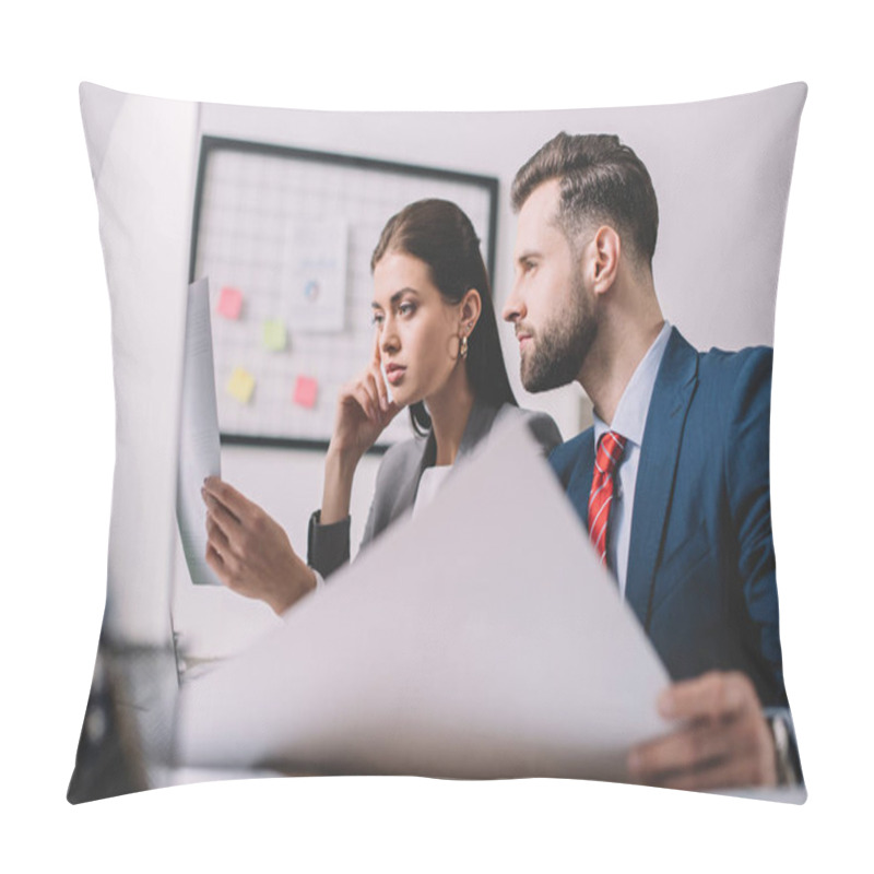 Personality  Selective Focus Of Computer Systems Analysts Looking At Papers Near Computer On Table Pillow Covers