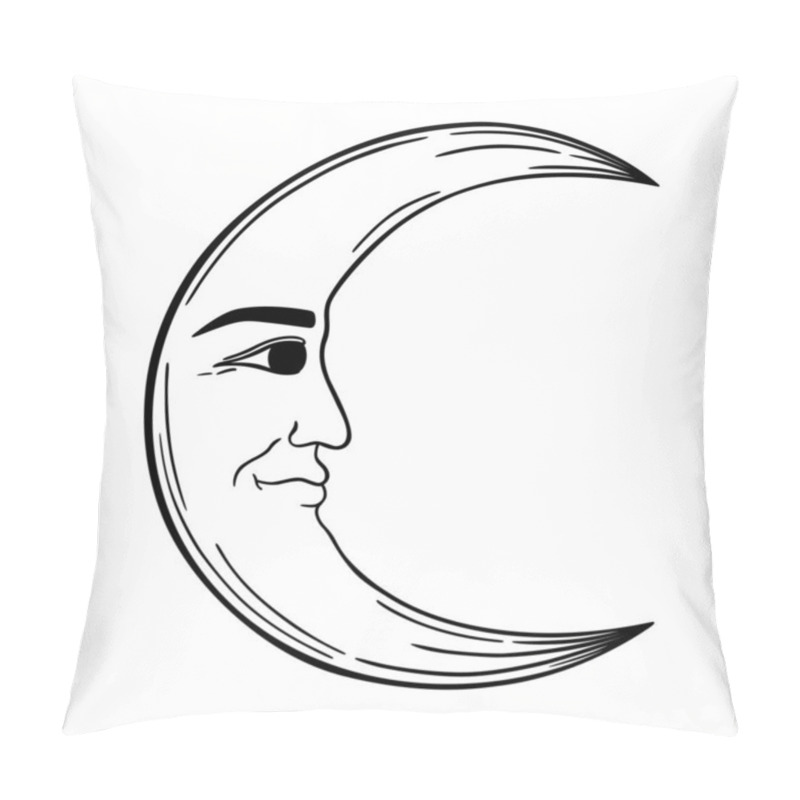 Personality  Hand Drawn Moon With Man Face. Spiritual Symbol Celestial Space. Magic Talisman, Antique Style, Boho, Tattoo, Logo. Vector Illustration Isolated On A White Background. Pillow Covers