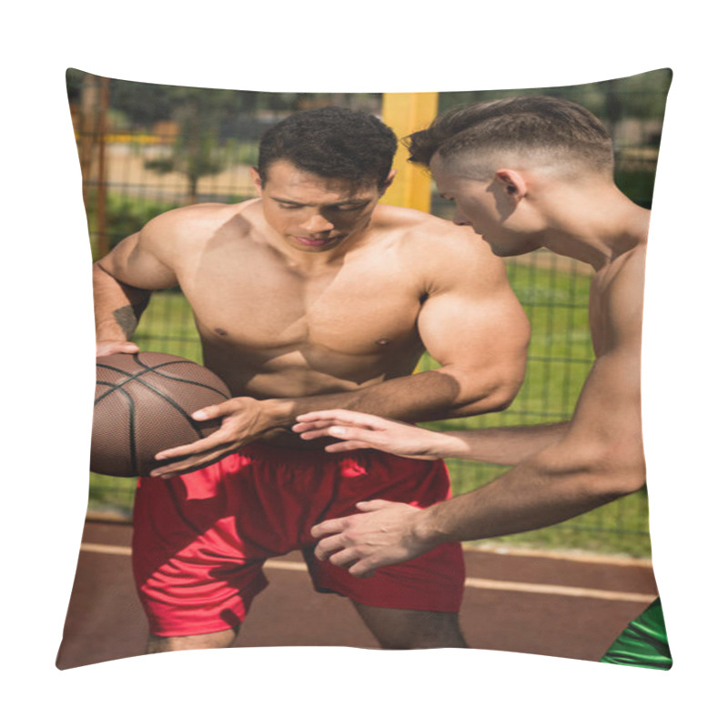 Personality  Shirtless Sportsmen Playing Basketball At Basketball Court In Sunny Day Pillow Covers