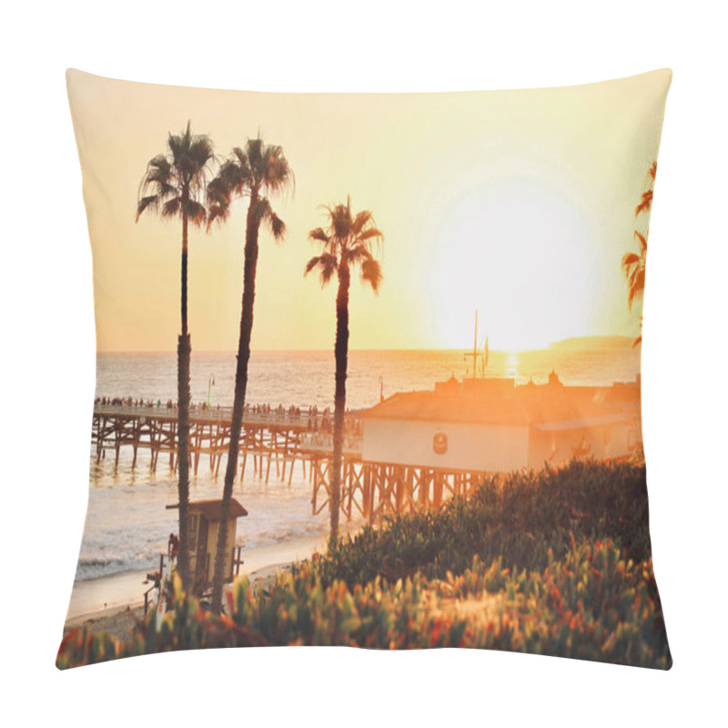 Personality  A Scenic View Of Palm Trees On The Beach, San Clemente Pier, California Pillow Covers