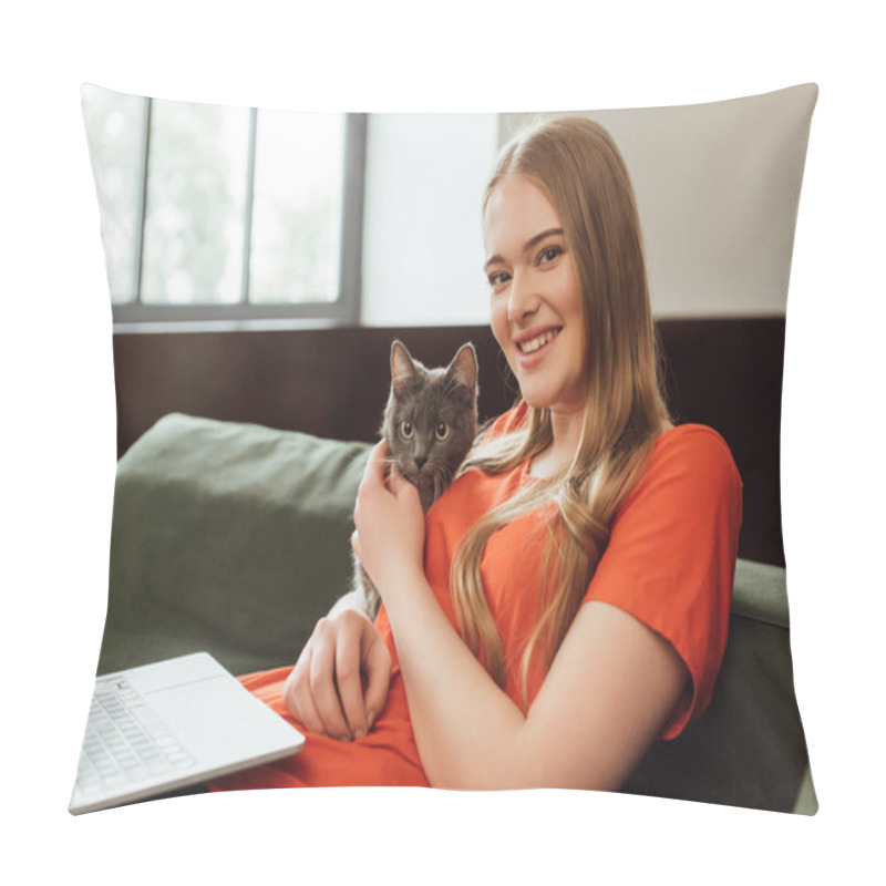 Personality  Happy Freelancer Touching Cute Cat Near Laptop In Living Room  Pillow Covers