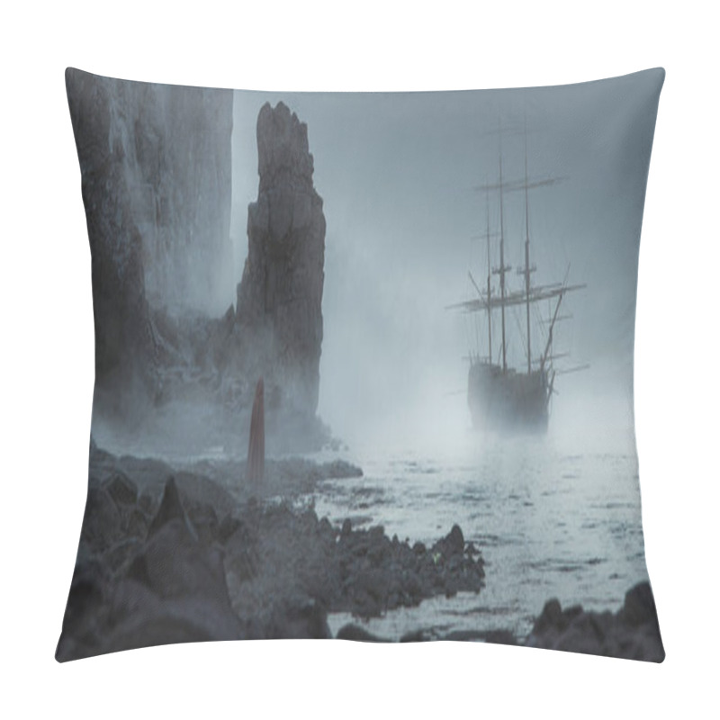 Personality  Odd Figure Standing On A Sandstone Beach Near The Ocean Looking At A Ghost Ship Approaching The Coast In A Mist Cloudly Day Foreground Out Of Focus - Concept Art - 3D Rendering  Pillow Covers