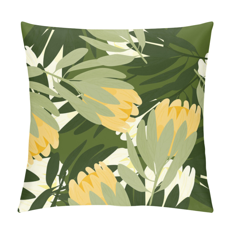 Personality  Botanic Floral Seamless Pattern With Protea Flowers Ornament. Green Foliage Elements. Isolated Print. Perfect For Fabric Design, Textile Print, Wrapping, Cover. Vector Illustration. Pillow Covers