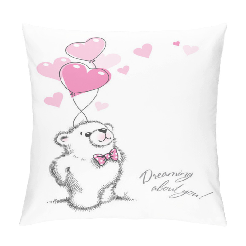 Personality  Teddy Bear Keeps The Balloons In The Form Of Hearts. Hand Drawn Pillow Covers