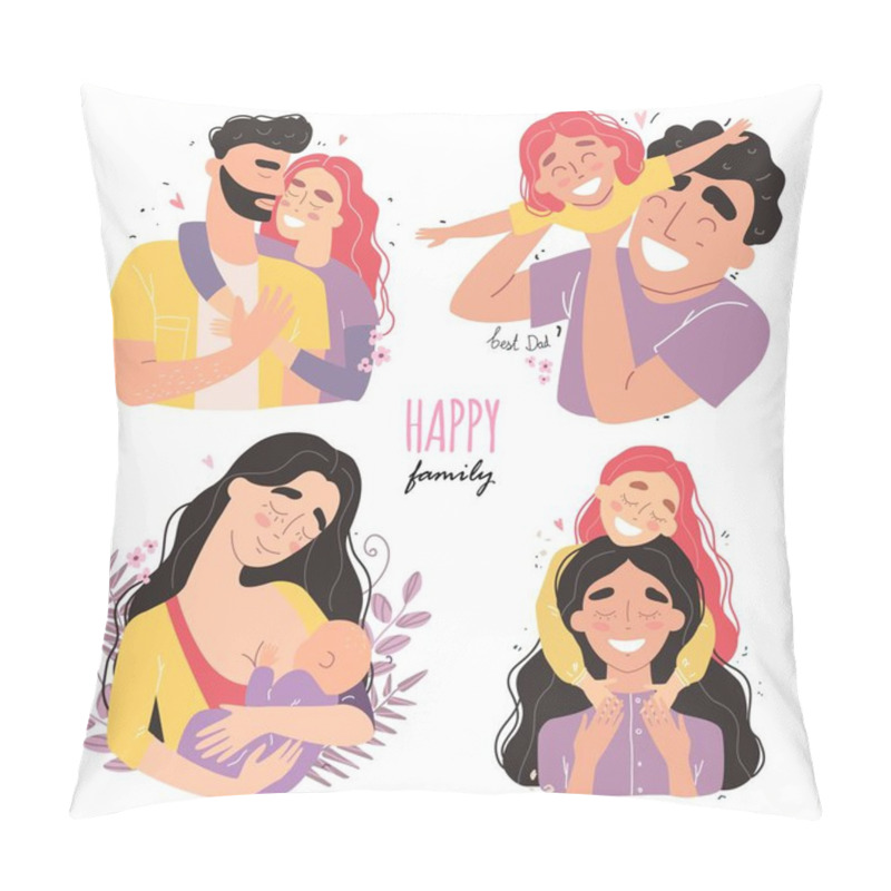 Personality  Set Clip Art Of A Happy Smiling Families Isolated On White Background. Happy Chidhood Concept. Pillow Covers