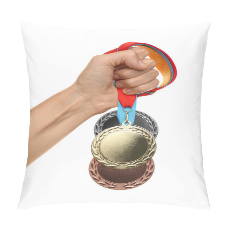 Personality  Woman Holding Medals On White Background, Closeup. Space For Design Pillow Covers