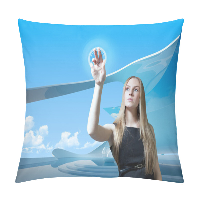 Personality  Attractive Blonde With Interface In Futuristic Interior (outstanding Business In Interiors Interfaces Series) Pillow Covers