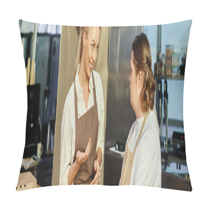 Personality  Cheerful Administrator Talking To Young Employee Woman With Down Syndrome In Modern Cafe, Banner Pillow Covers