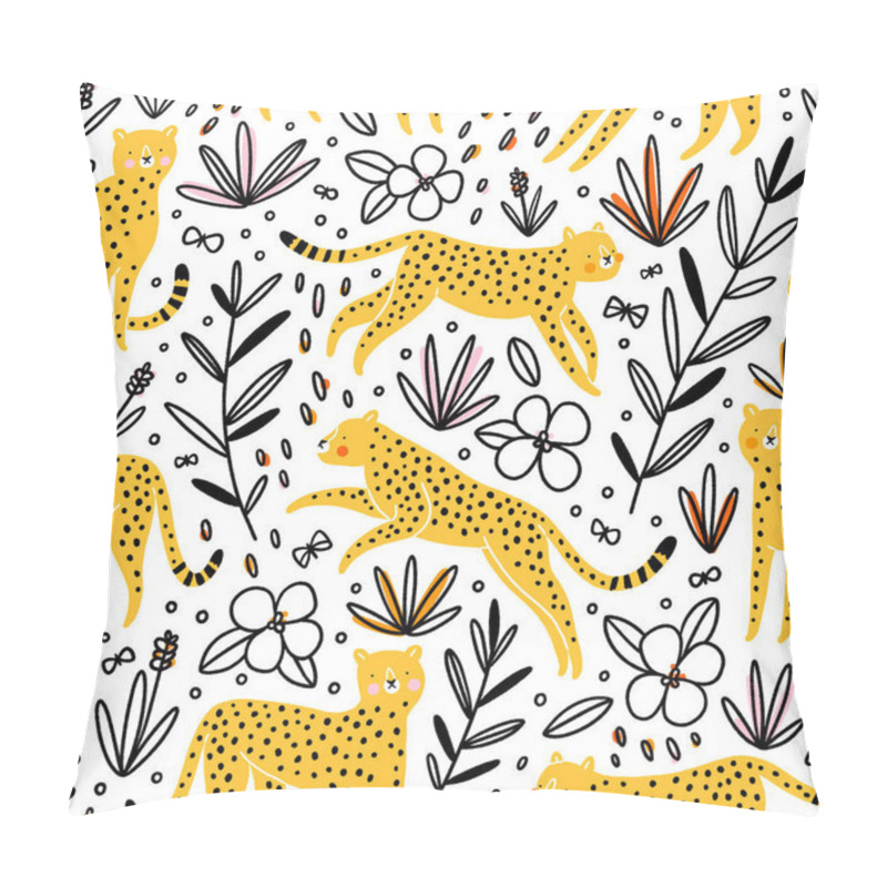 Personality  Cute Yellow Cheetahs Hunting Butterflies, Outline Vector Seamless Pattern With Small Colorful Spots Pillow Covers