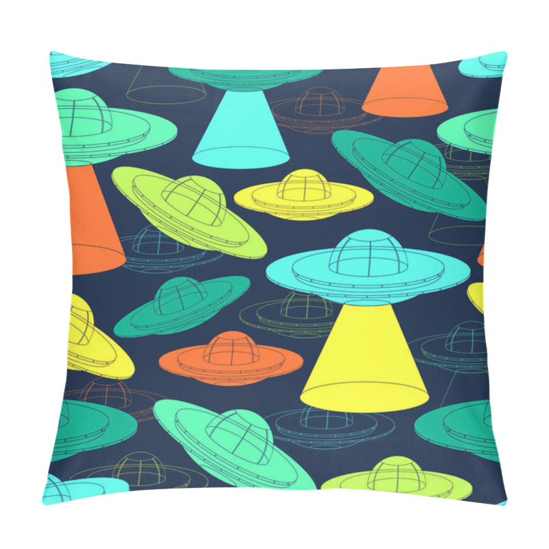 Personality  Seamless Pattern With UFO Spaceship. Unidentified Flying Object With Light Beam. Vector Illustration Pillow Covers