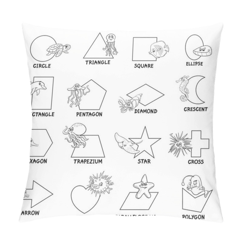 Personality  Educational Cartoon Illustration Of Basic Geometric Shapes With Captions And Marine Animal Characters For Children Pillow Covers