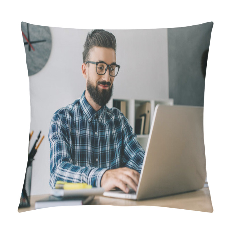 Personality  Smiling Young Bearded Developer Working With Laptop Pillow Covers