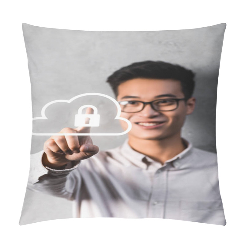 Personality  Selective Focus Of Smiling Asian Businessman Touching Padlock Illustration  Pillow Covers