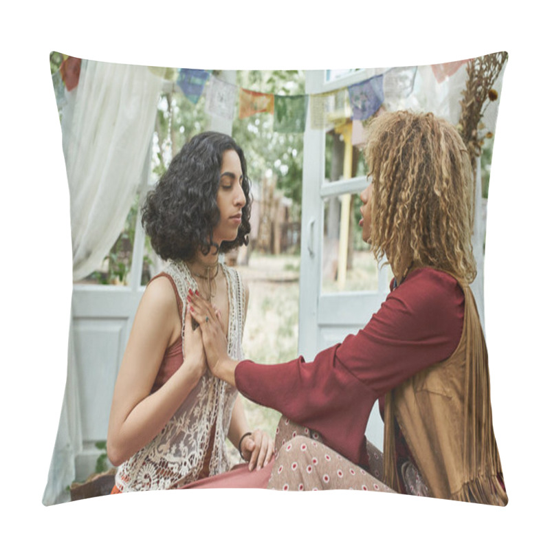 Personality  Multiethnic Women In Boho Outfits Practicing Breathe Meditation In Retreat Center Pillow Covers