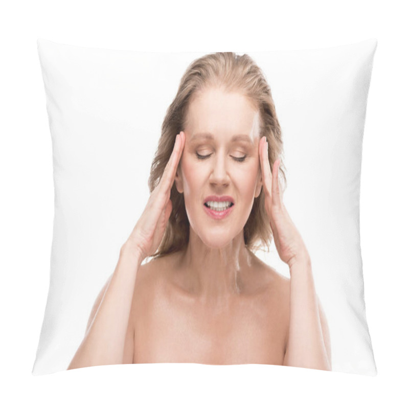 Personality  Beautiful Mature Woman With Headache Touching Face Isolated On White Pillow Covers