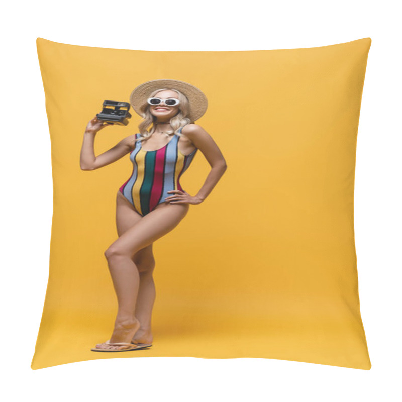 Personality  Full Length Of Cheerful Woman In Straw Hat And Swimsuit Holding Vintage Camera On Yellow Pillow Covers