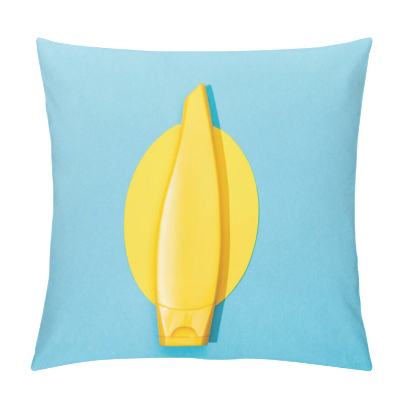 Personality  Top View Of Tube Of Sunscreen On Paper Cut Sun On Blue Background Pillow Covers