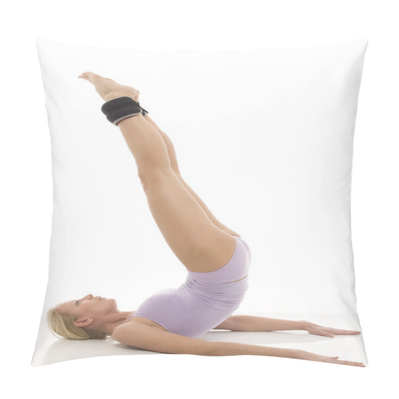 Personality  Portrait Of A Young Caucasian Woman Does Gymnastics With Ankle Weights Pillow Covers