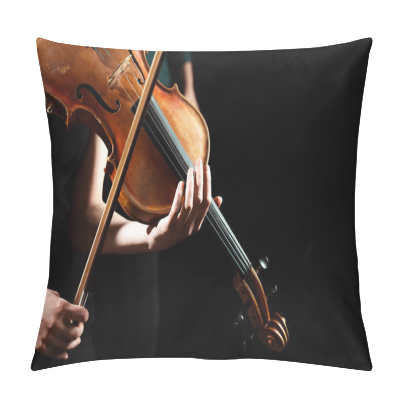 Personality  Partial View Of Female Musician Performing Symphony On Violin Isolated On Black Pillow Covers