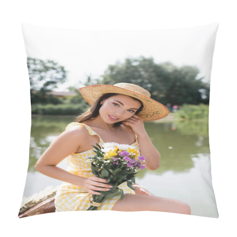 Personality  Pretty Young Woman In Straw Hat And Dress Holding Flowers While Sitting Near Lake Pillow Covers