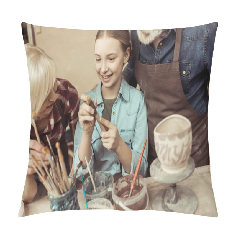 Personality  Front View Of Girl Painting Clay Pot And Grandparents Helping At Workshop Pillow Covers