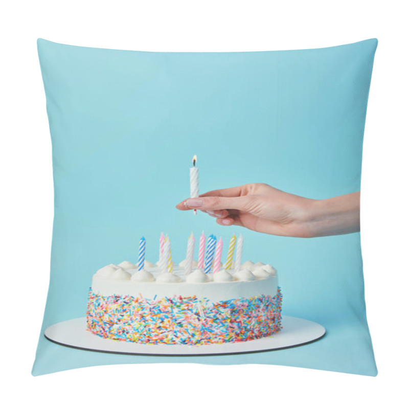 Personality  Partial View Of Woman Putting Lighting Candle On Birthday Cake On Blue Background Pillow Covers