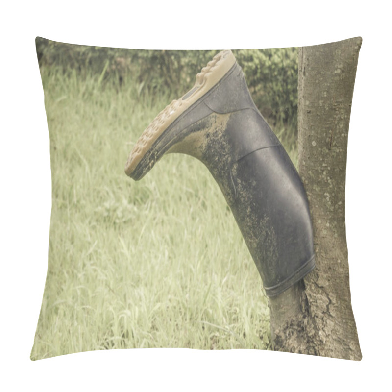 Personality  Dirty Rubber Boot On A Background Of Grass, Field. The Decline Of The Village, Agriculture. Muted Tones, Vignetting. Pillow Covers