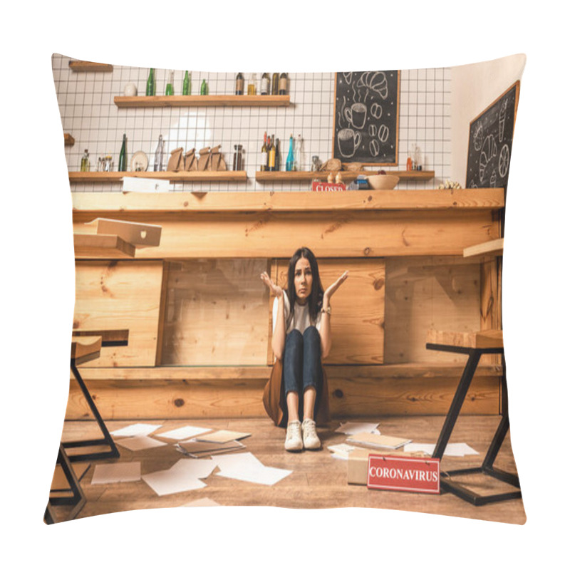 Personality  Confused Cafe Owner Looking At Camera Near Table, Documents And Card With Coronavirus Lettering On Floor Pillow Covers