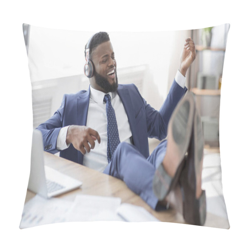 Personality  Young African Worker With Legs On Table Playing On Virtual Guitar Pillow Covers