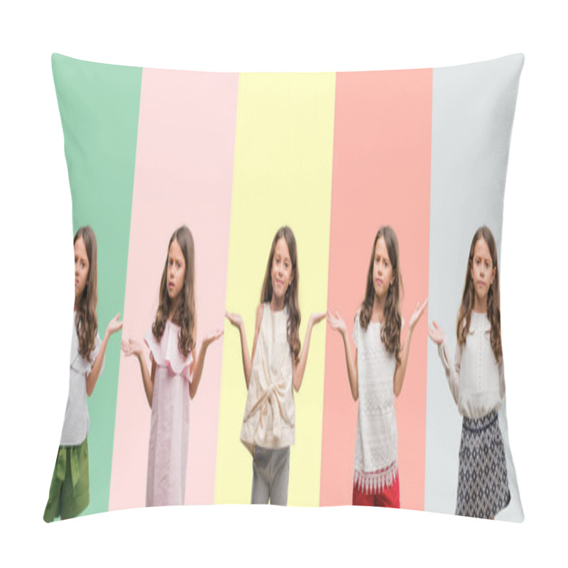 Personality  Collage Of Brunette Hispanic Girl Wearing Different Outfits Clueless And Confused Expression With Arms And Hands Raised. Doubt Concept. Pillow Covers