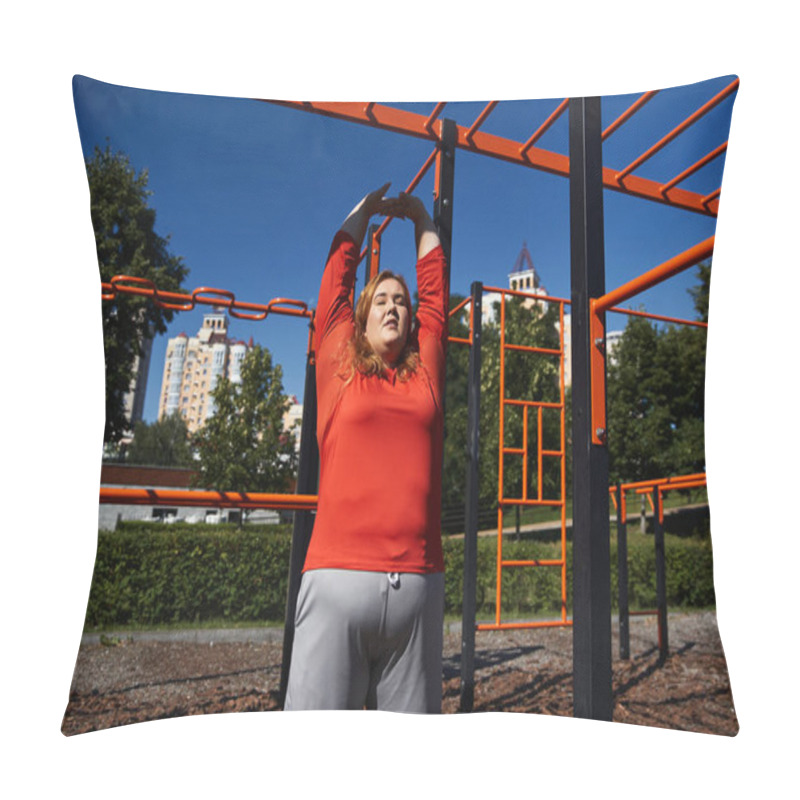 Personality  Woman Stretches Joyfully Under Clear Blue Skies In A Lively Park Setting. Pillow Covers