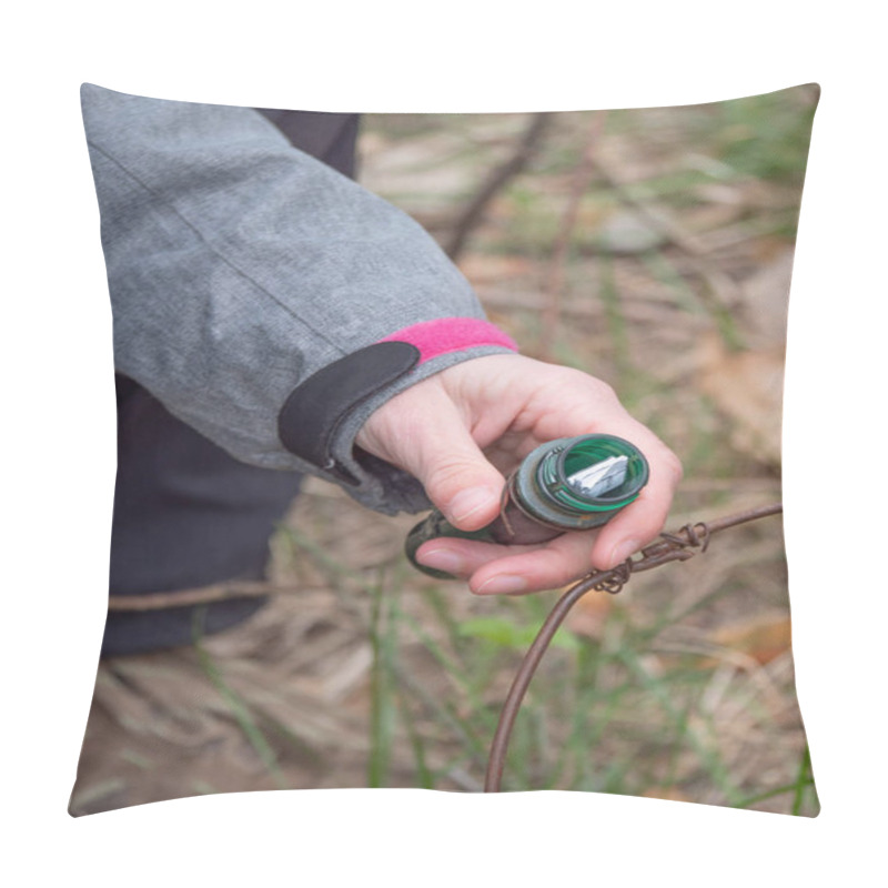 Personality  Geocaching Container In Hand. Woman  Removes List From Locating Ampoule For Geocatching  Game. Pillow Covers