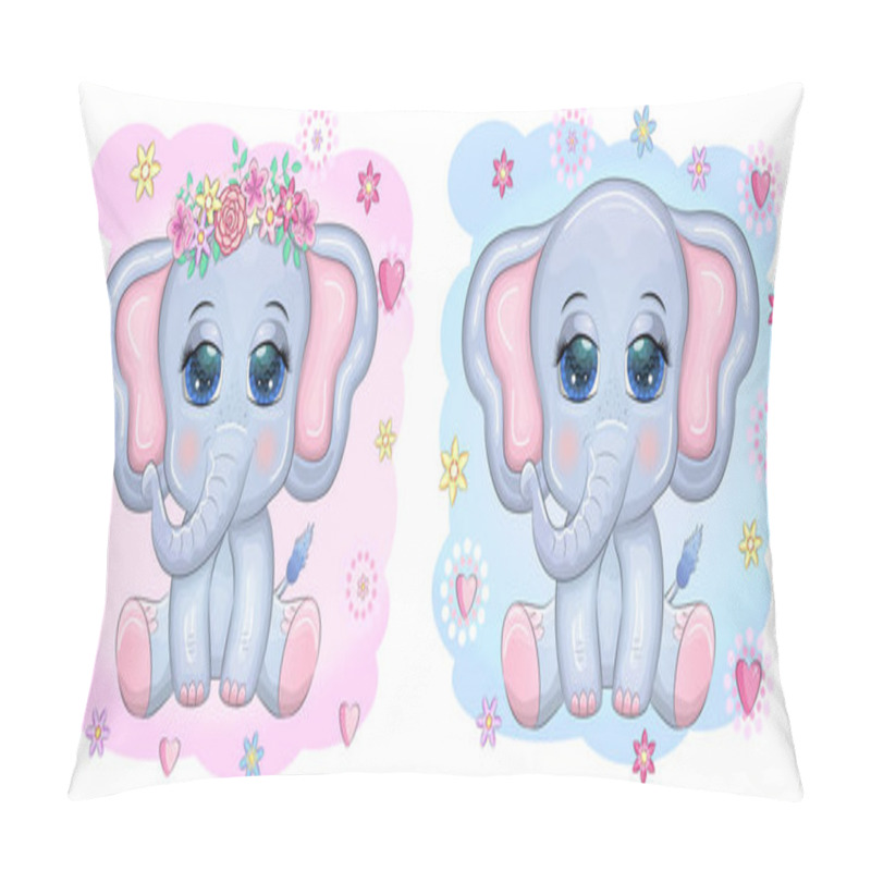 Personality  Cute Cartoon Elephants Boy And Girl In Love With Beautiful Eyes With A Butterfly Surrounded By Flowers, Children's Illustration. Pillow Covers