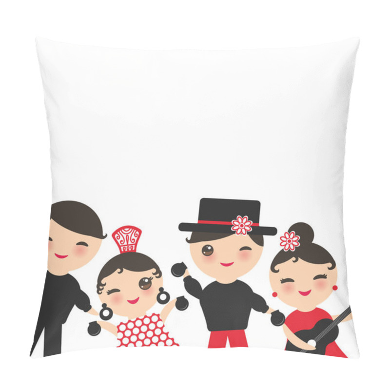 Personality  Spanish Flamenco Dancer Card Design, Banner Template. Kawaii Cute Face With Pink Cheeks Winking Eyes. Gipsy Girl And Boy, Red Black White Dress, Polka Dot Fabric, Isolated On White Background. Vector Illustration Pillow Covers