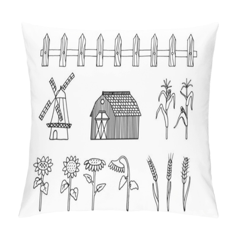 Personality  Set With A Farming And Agriculture Theme. Vector Illustration With Hand-drawn Elements. Doodles Depicting Plants And Buildings. Pillow Covers