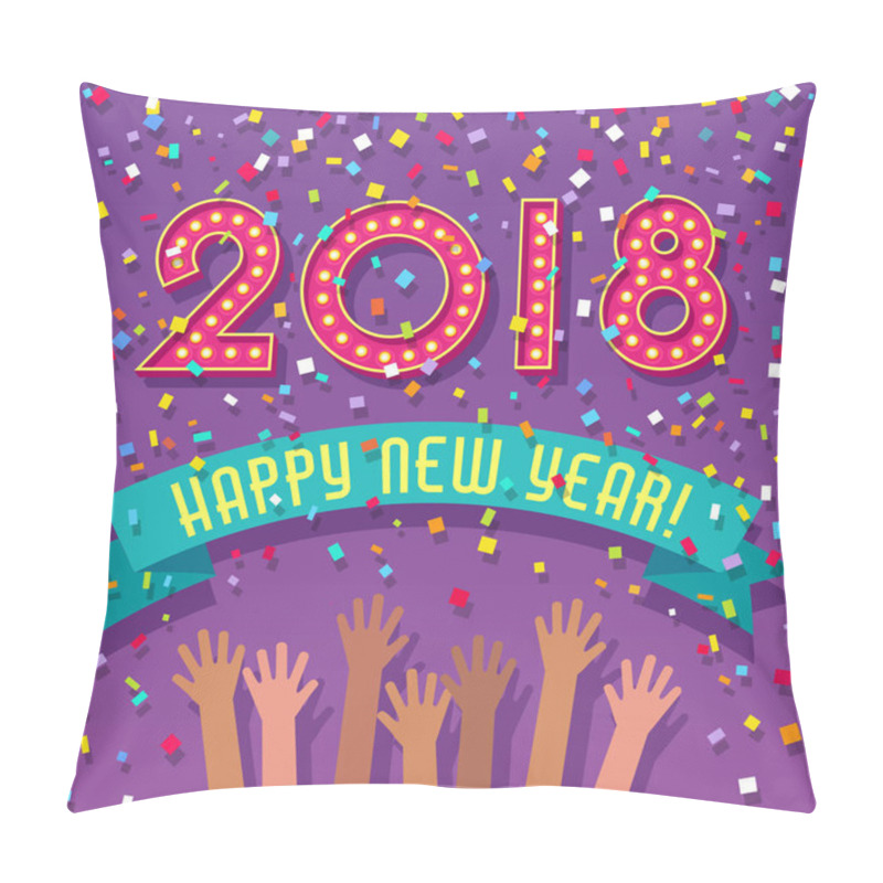 Personality  2018 Happy New Year Card With Marquee Numbers, Confetti And People Celebrating. Pillow Covers