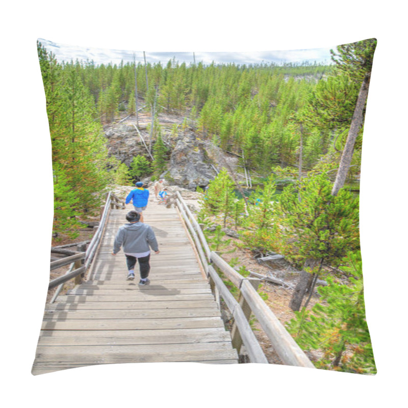 Personality  Wyoming, USA - Aug. 24, 2019: Visitors Walking Down Wooden Stairs Toward Firehole River In Yellowstone National Park, Wyoming, USA. The River Flows Through Several Significant Geyser Basins In Yellowstone National Park. Pillow Covers