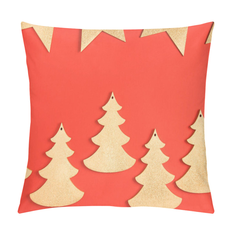 Personality  Top View Of Golden Stars And Fir Trees Symbols On Red Background Pillow Covers