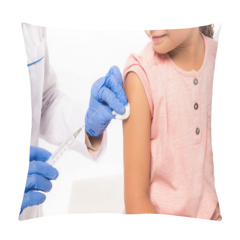 Personality  Cropped View Of Doctor Holding Cotton And Syringe Near Child Isolated On White Pillow Covers