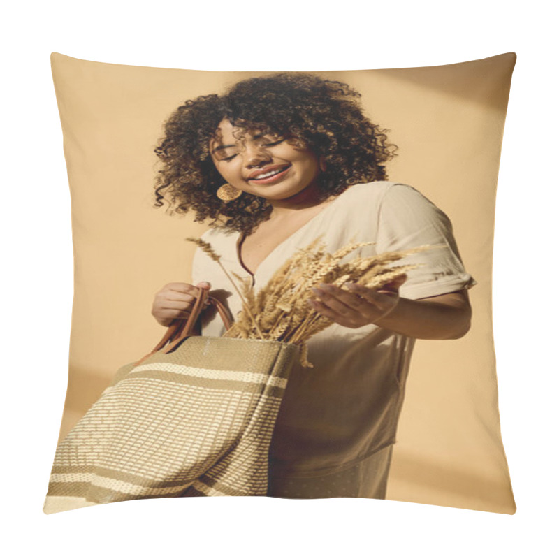 Personality  A Beautiful Young African American Woman With Curly Hair Holds A Bag Filled With Wheat, Embodying A Connection To Nature And Abundance. Pillow Covers