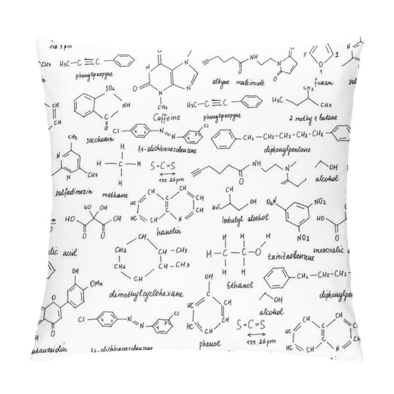 Personality  Organic Compounds. Seamless Texture. Sketch Of The School Blackboard With The Chemestry Organic Compound. Organic Chemistry. Pillow Covers