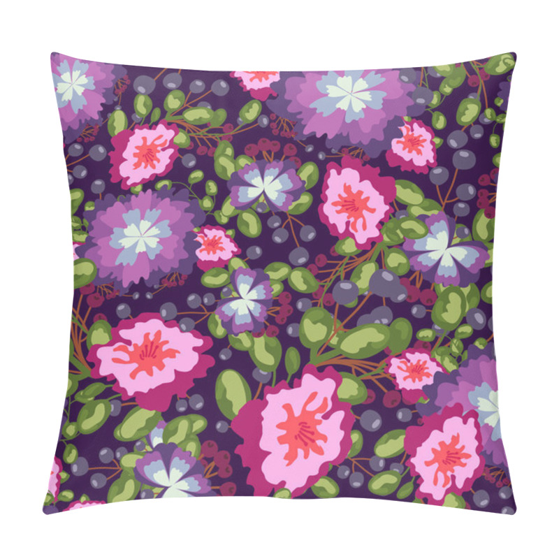 Personality  Seamless Pattern Of Small Bouquets Pink And Blue Flowers , Violet Berries Green Leaves. Vector Print On  Background. Pillow Covers