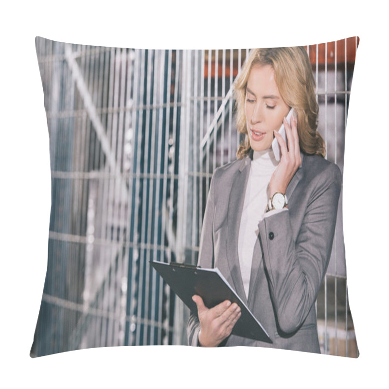 Personality  Attractive Businesswoman Talking On Smartphone And Holding Clipboard In Warehouse Pillow Covers