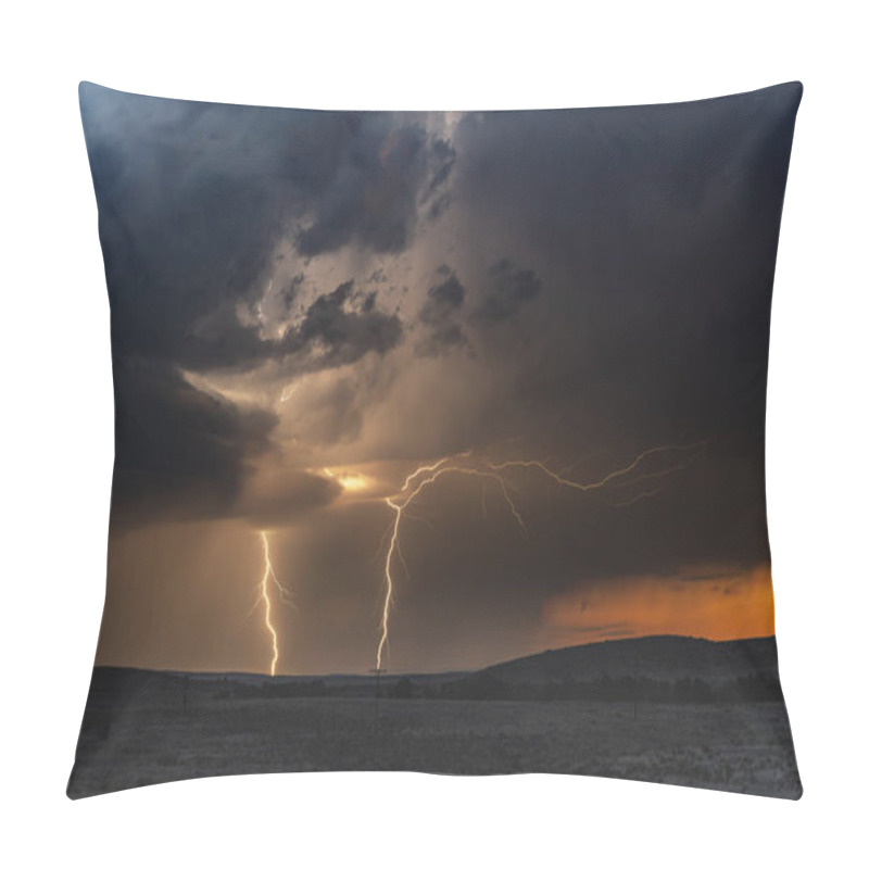 Personality  A Large Lightning Strike At Dusk In An Open Plain Framed Against A Deep, Dark Orange Sunset And Stormy Skies. Pillow Covers