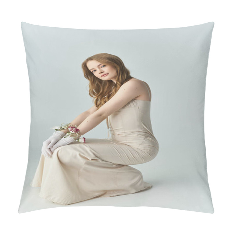 Personality  A Lovely Young Woman Kneels Elegantly, Adorned With Flowers And Soft Lighting. Pillow Covers